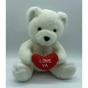 Vtg White Teddy Bear “Love Ya” Plush Stuffed Animal International Silver‎ Co 9”